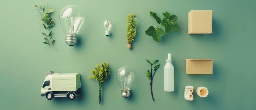 Flat lay conceptual photograph clean energy icons, light bulb, waste recycle, electric transport with plant ,copy-space