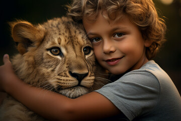 Friendship between people and wild animal kid hugging lion made with generative AI