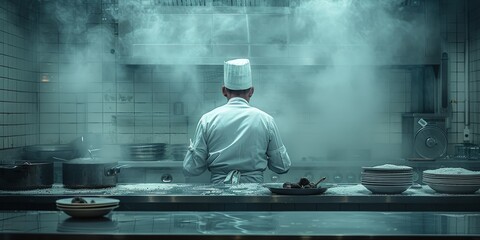 A skilled chef expertly prepares a delectable meal in a bustling kitchen, surrounded by the tools of their trade and the mouth-watering aroma of food - obrazy, fototapety, plakaty