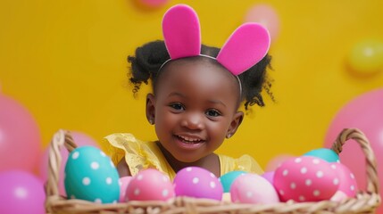 Fototapeta na wymiar Little cute black girl wear bunny ears holding basket of easter egg in yellow background
