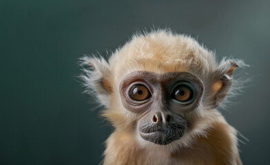 funny animal, Funny Portrait of Smiling surprised Monkey, showing teeth Isolated on Black Background. Banner copy space. small surprised monkey, close-up. Posing on black background, funny looking.