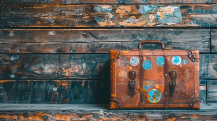 Vintage travel suitcase with stickers from around the world on rustic background