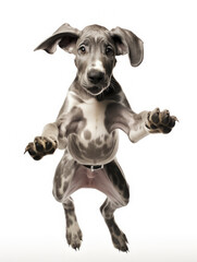 Adorable Great Dane dog puppy jumping pose isolated on white background created with Generative AI Technology 