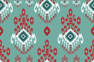 Ikat seamless pattern Vector dye shibori print with stripes and chevron Ink textured japanese. green white red background ikat Ethnic fabric vector Bohemian fashion Endless ikat texture African rug.