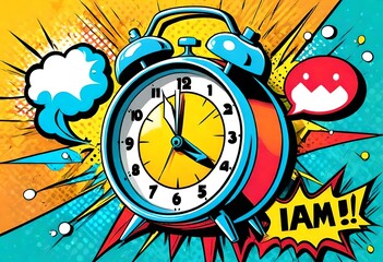 Background with comic alarm clock ringing and expression speech bubble with wake up text. Vector...