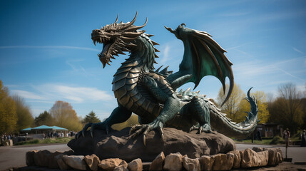 Big statue of green dragon.