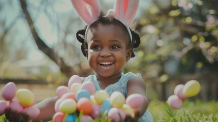 Fototapeta na wymiar Little black girl wear bunny ears holding basket of easter egg