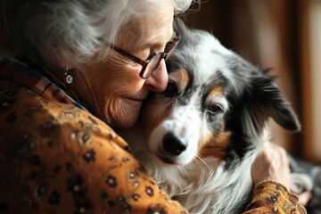 Anciana abrazando un perro tricolor - obrazy, fototapety, plakaty