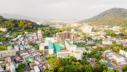 Aerial view, drone flying over Phuket city, Thailand. Drone over SinoPortugyese It's a Sunday in...