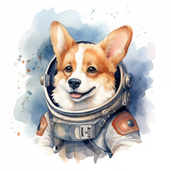 Cute watercolor illustration of corgi astronaut in a space suit. Ai generated image