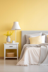 Fototapeta na wymiar Yellow bedroom minimal style Interior design. Bright minimalist interior loft style room with indoor plants. Scandinavian style.