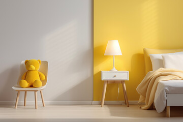 Yellow bedroom minimal style Interior design. Bright minimalist interior loft style room with indoor plants. Scandinavian style.