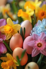 Spring flower with Easter egg, nature background
