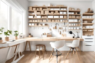 A modern, minimalist craft room with organized shelves, a large work table, and plenty of natural light