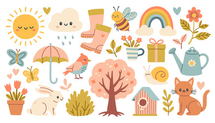 Spring set of cute birds, flowers and decorations. Poster, card, scrapbooking, sticker kit. Hand drawn vector.