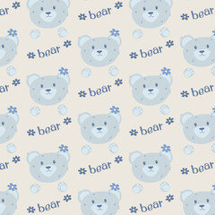 A child's pattern with a bear's head. A flat-style illustration with flowers, a blue-gray teddy bear.