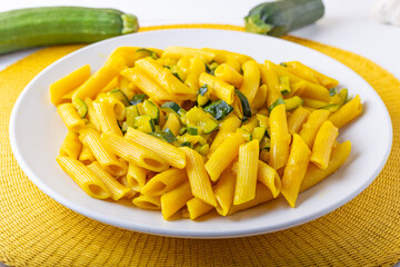 Pata with zucchini and saffron. Italian food good for vegan and vegetarian people.