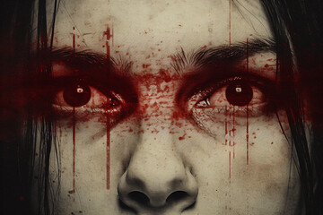 Generative ai picture close up photo of a person with bleeding red eyes on dark background