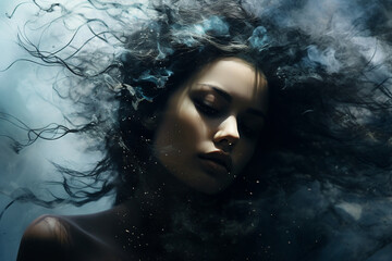 Generative ai photography of a mysterious fantasy beautiful woman in smoke on grey background