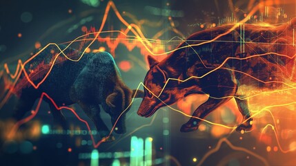 An abstract design featuring stylized representations of a gold bull and a black fox, with intertwining stock market line graphs in the background, illustrating market trends. 8k - obrazy, fototapety, plakaty