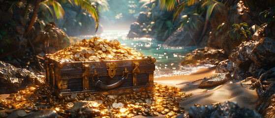 Golden Treasure Chest Glinting in the Sunlight on a Tropical Island Shore - obrazy, fototapety, plakaty