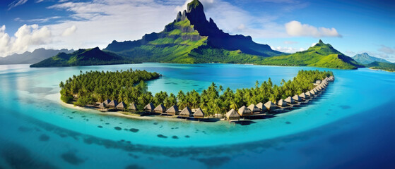 Beautiful landscape views of green mountains, wide blue ocean, bridges and traditional houses in Bora Bora island French Polynesia created with Generative AI Technology - obrazy, fototapety, plakaty