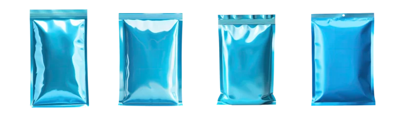 Fotobehang shiny blue aluminum stand up packaging pouch with zipper , foil bag, isolated on a transparent background. PNG cutout or clipping path.   © Transparent png