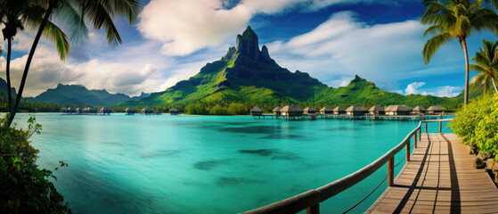 Beautiful landscape views of green mountains, wide blue ocean, bridges and traditional houses in Bora Bora island French Polynesia created with Generative AI Technology - obrazy, fototapety, plakaty