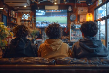 back view of, Young male friends watching football match on TV - obrazy, fototapety, plakaty