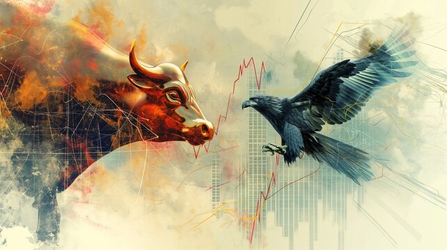 An abstract design featuring stylized representations of a gold bull and a black eagle, with intertwining stock market line graphs in the background, illustrating market trends. 