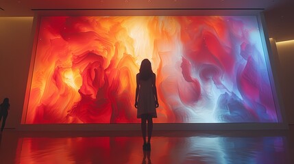An artist using motion-tracking technology and a large digital canvas to create abstract paintings that respond to their body movements and gestures - obrazy, fototapety, plakaty