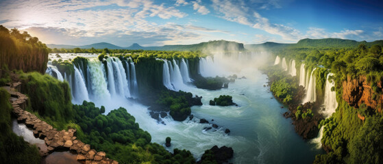 Wide landscape Beautiful view of Iguazu Falls waterfall in Argentina and Brazil with green high cliffs created with Generative AI Technology - obrazy, fototapety, plakaty