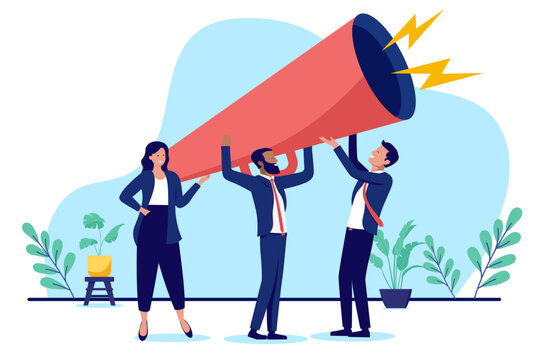 Business announcement - Businesspeople marketing with megaphone giving message and proclaiming statement shouting out loud together. Flat design vector illustration with white background