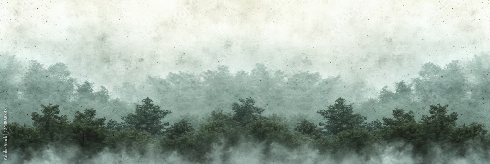 Poster a mesmerizing painting capturing the ethereal beauty of trees standing tall amidst a dense fog in a 