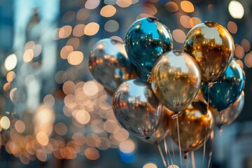 balloons, with their reflective surfaces, act as mirrors to the surrounding luminosity, transforming the dark background into a canvas of sparkling lights