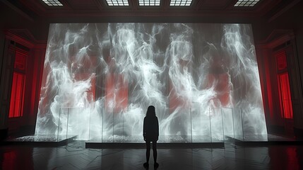 An artist using motion-tracking technology and a large digital canvas to create abstract paintings that respond to their body movements and gestures
