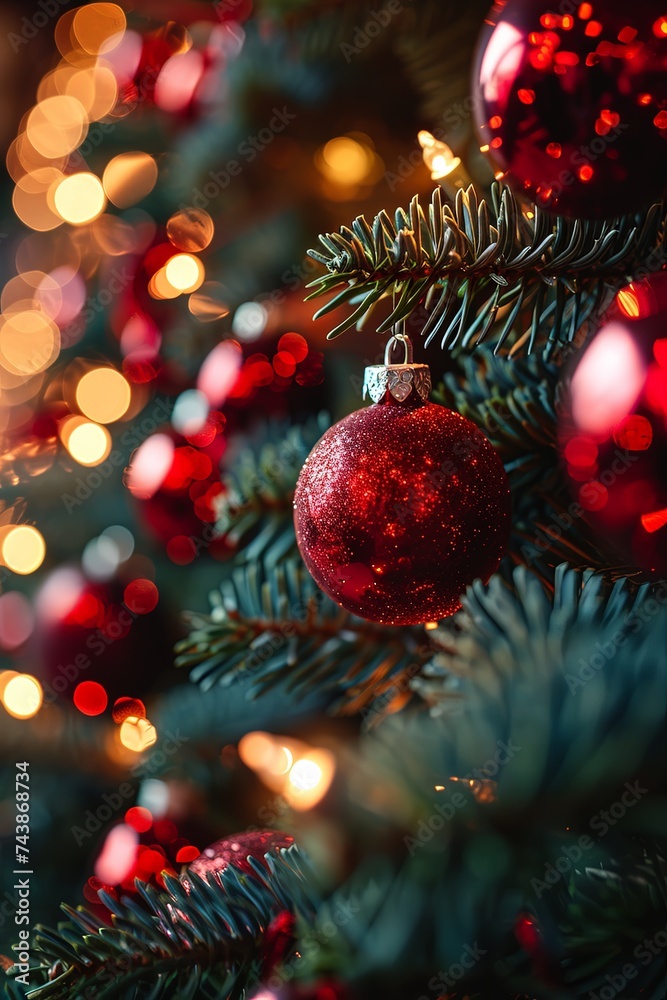 Wall mural A beautifully decorated Christmas tree adorned with vibrant red and green ornaments, radiating holiday cheer and festive spirit