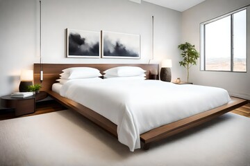 A modern, minimalist guest room with a comfortable bed, crisp linens, and a single artwork on the wall