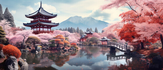 Fototapeta premium Beautiful landscape view of ancient palace garden with wooden temple, blooming pink cherry blossoms, wooden bridge and calm pond in Kyoto Japan
