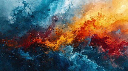 Fototapeta premium A vibrant abstract painting filled with swirls of blue, orange, and yellow colors creating a harmonious dance of energy and light