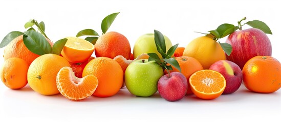 A pile of fruit, including apples, oranges, and assorted fruits, sits next to each other on a white background.