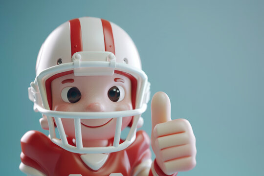 close up of cute american football sport person 3D cartoon character with thumbs up to camera