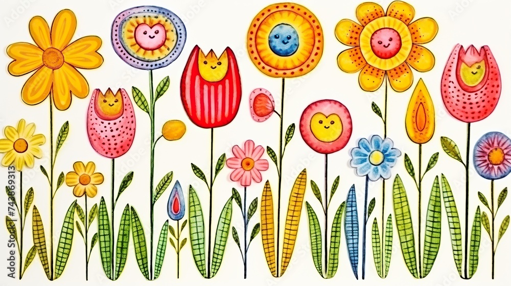 Poster a vibrant painting depicting various types of flowers with human-like faces, each displaying unique 