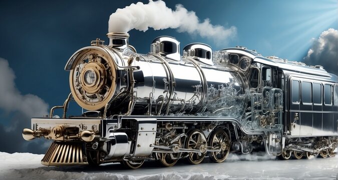 Create a visually striking composition featuring a steam-engine train with a surreal twist – its metallic surfaces transformed into a stunning display of crystalline structures-Ai Generative