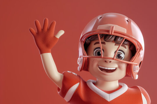 American football sport person 3D cartoon character waving to camera