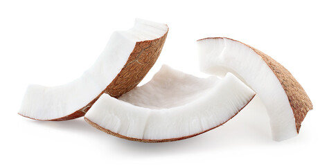 Three fresh coconut pieces or slices on white background - 743869744