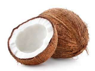 Whole and half of fresh ripe coconut on white background