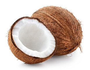 Whole and half of fresh ripe coconut on white background - 743869953