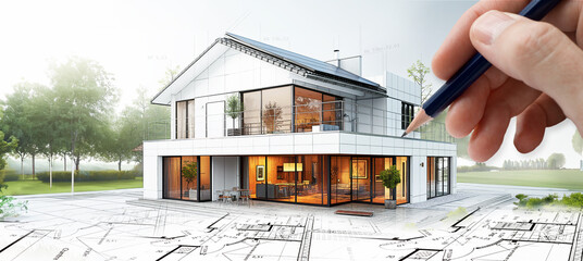 Projet de construction d'une maison moderne d'architecte sous forme d'esquisse avec plan - obrazy, fototapety, plakaty