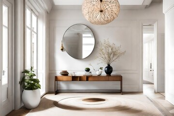 A minimalist foyer with a statement art piece, a slim console table, and a round mirror - obrazy, fototapety, plakaty